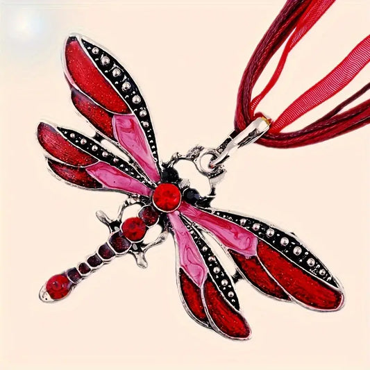 Unisex Rhinestone Alloy Dragonfly Silk Ribbon Pendant Necklace,